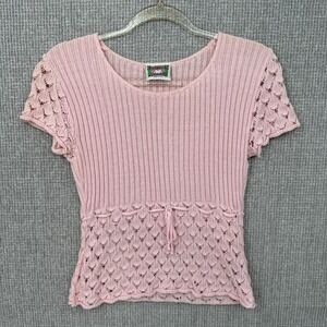 Fashion Addict Knit Top Crochet Drawstring Waist Short Sleeve Pink Sz‎ L Cottage